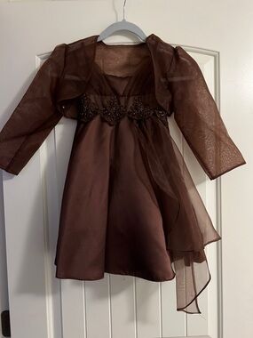 Tip Top Kids Brown Embellished Party Dress with Sheer Overlay